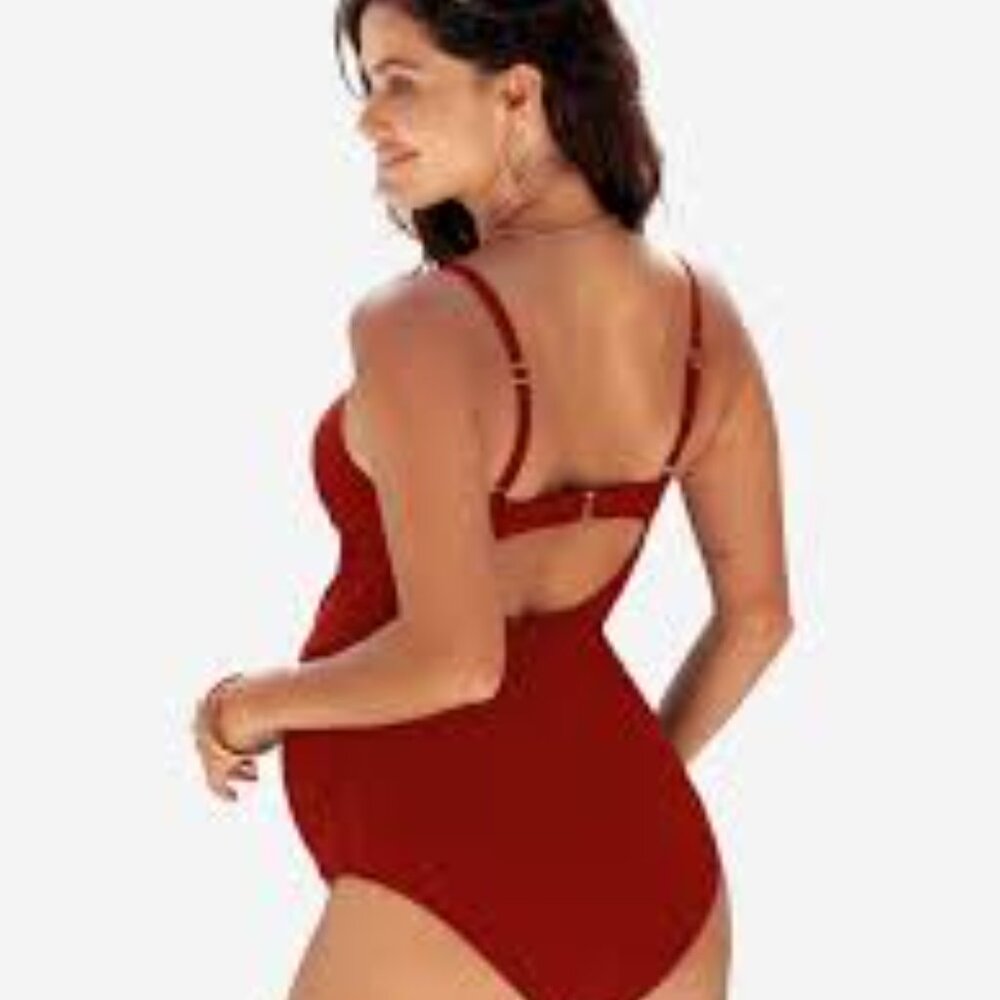 CUPSHE RUSTIC COPPER RIBBED CUTOUT BACK RUCHED MATERNITY SWIMSUIT SIZE LARGE NWT - Picture 4 of 8